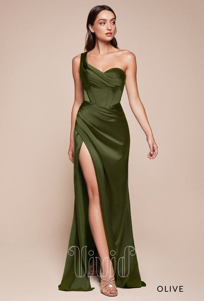 Vivid Formal Stella One Shoulder Gown in Olive / Greens